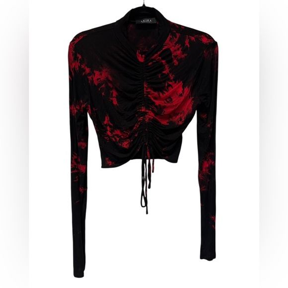 AKIRA Tops - Akira Red and Black Ruched Tie Front Crop Blouse w/ Long Sleeves